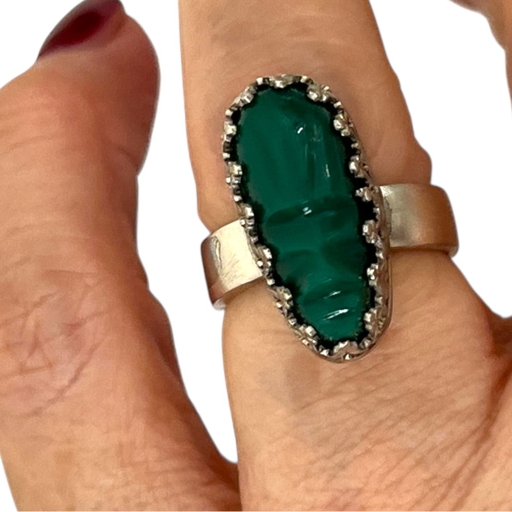 Carved malachite Stone Ring size 6 sterling silver band
